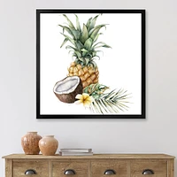 Pineapple with Coconut Plumeria and Palm Leaves  Canvas Wall Art Print