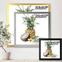 Pineapple with Coconut Plumeria and Palm Leaves  Canvas Wall Art Print