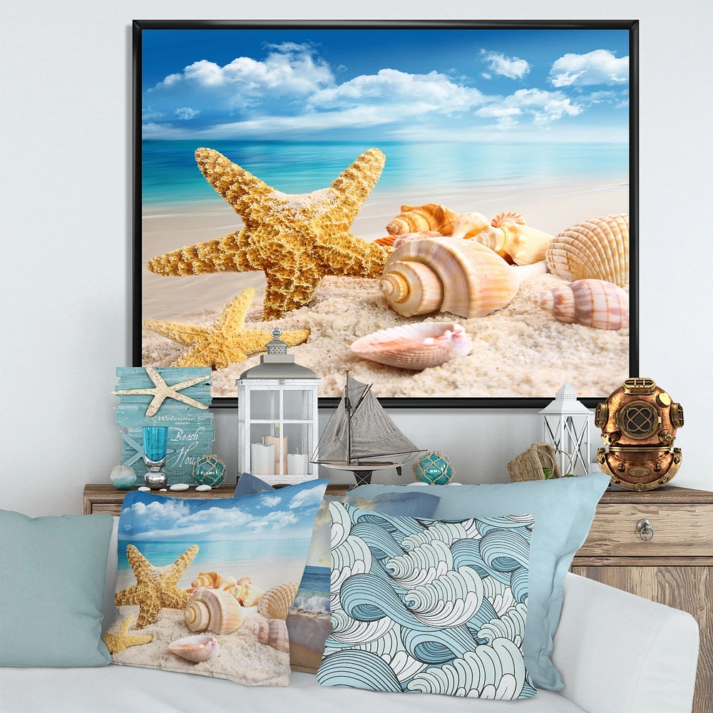 Starfish and Seashells on Beach Canvas Wall Art Print