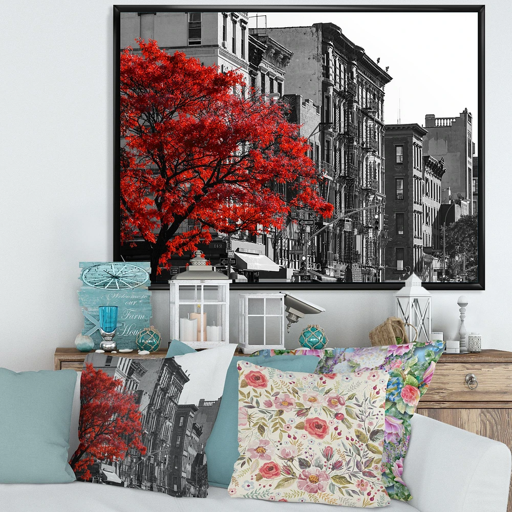 Red Tree on Black and White New York City Street  Canvas