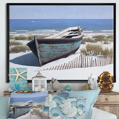 Blue Boat on Beach Canvas Wall Art Print