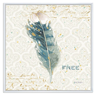 Damask Painted Gilded Feather on Blue Canvas Art