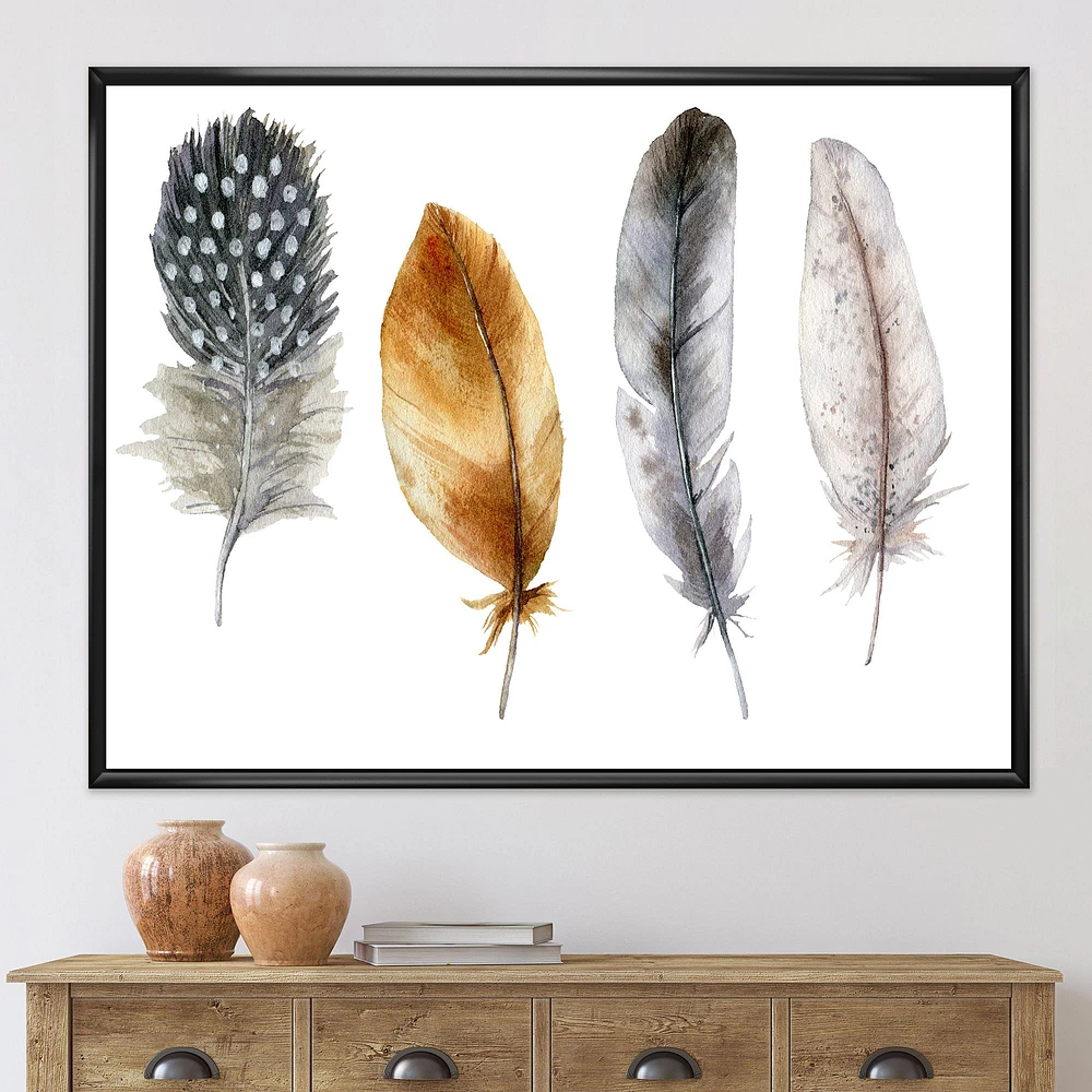Boho Feather Orange & Blue Striped Polka Dots  Canvas Wall Art Print