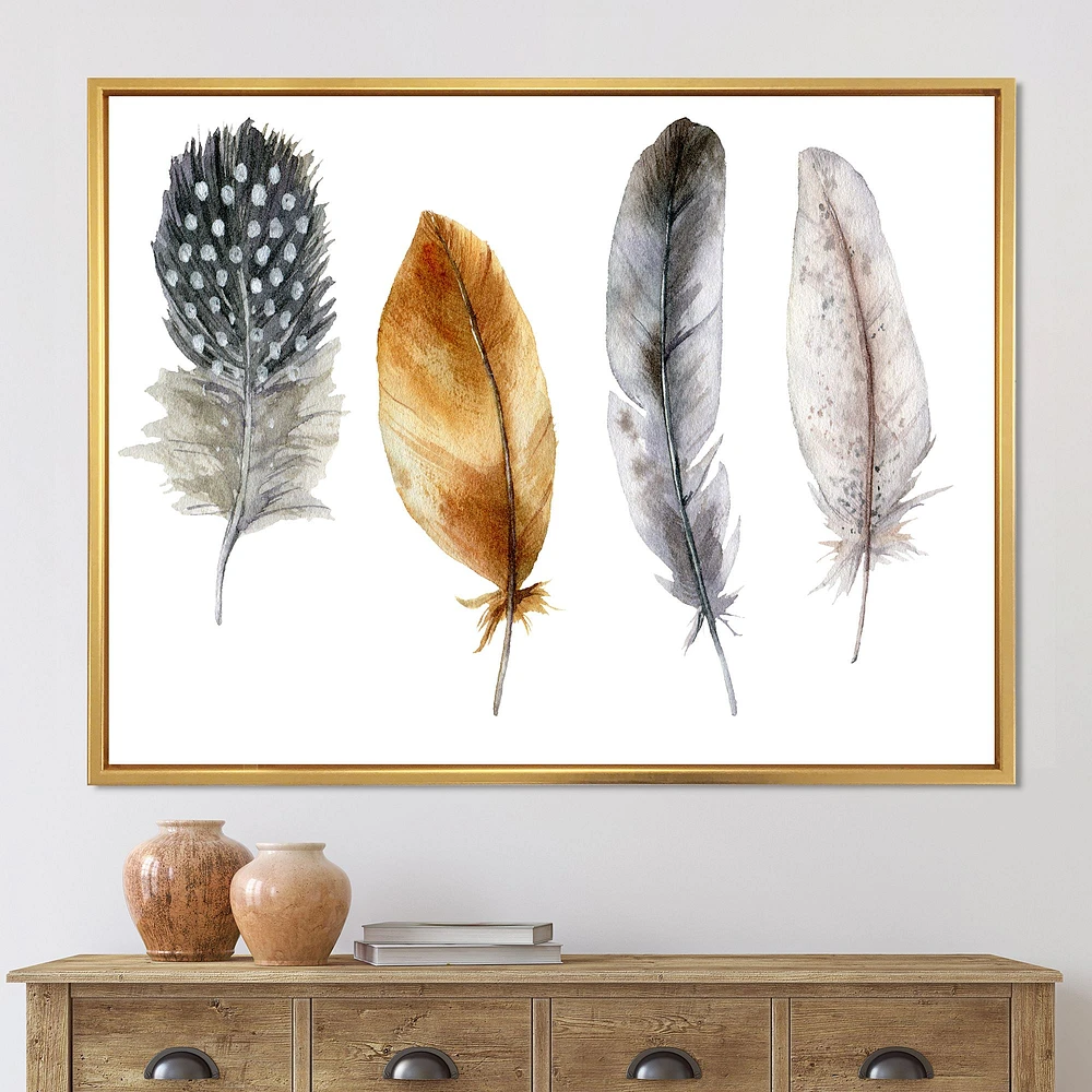 Boho Feather Orange & Blue Striped Polka Dots  Canvas Wall Art Print