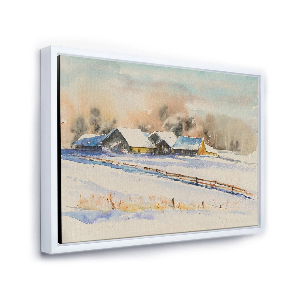 Small VIllage At Sunset Covered with Snow  Canvas Wall Art Print