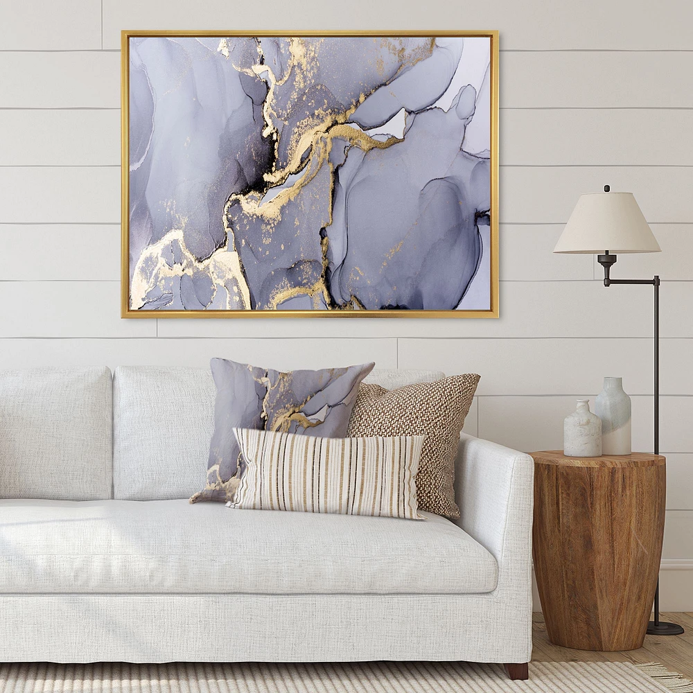 Closeup of Black and Golden Abstract Marble Texture Canvas Wall Art Print