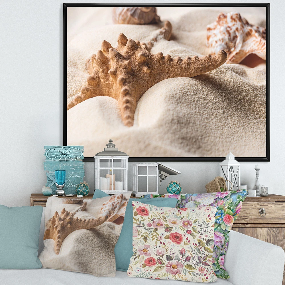Close Up of Starfish and Seashell on Light Sand Canvas Wall Art Print