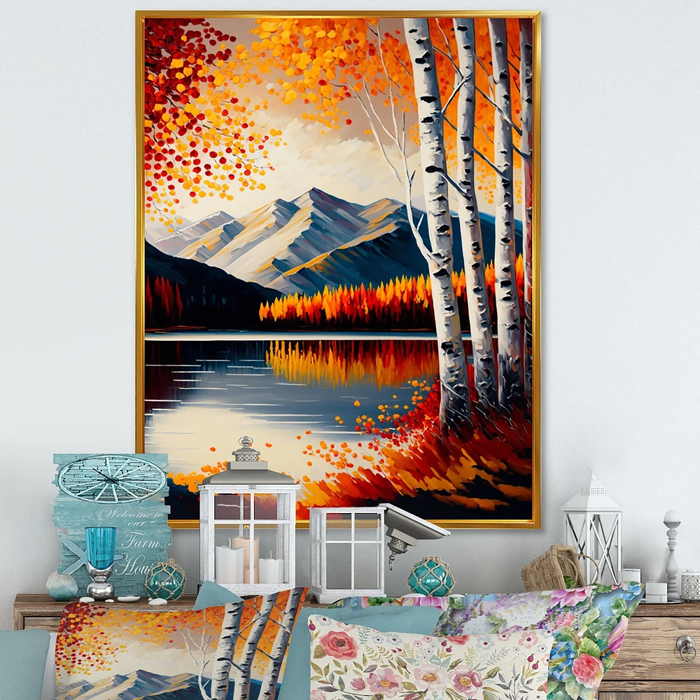 Red And Orange Birch Trees By The Lake V Wall Art