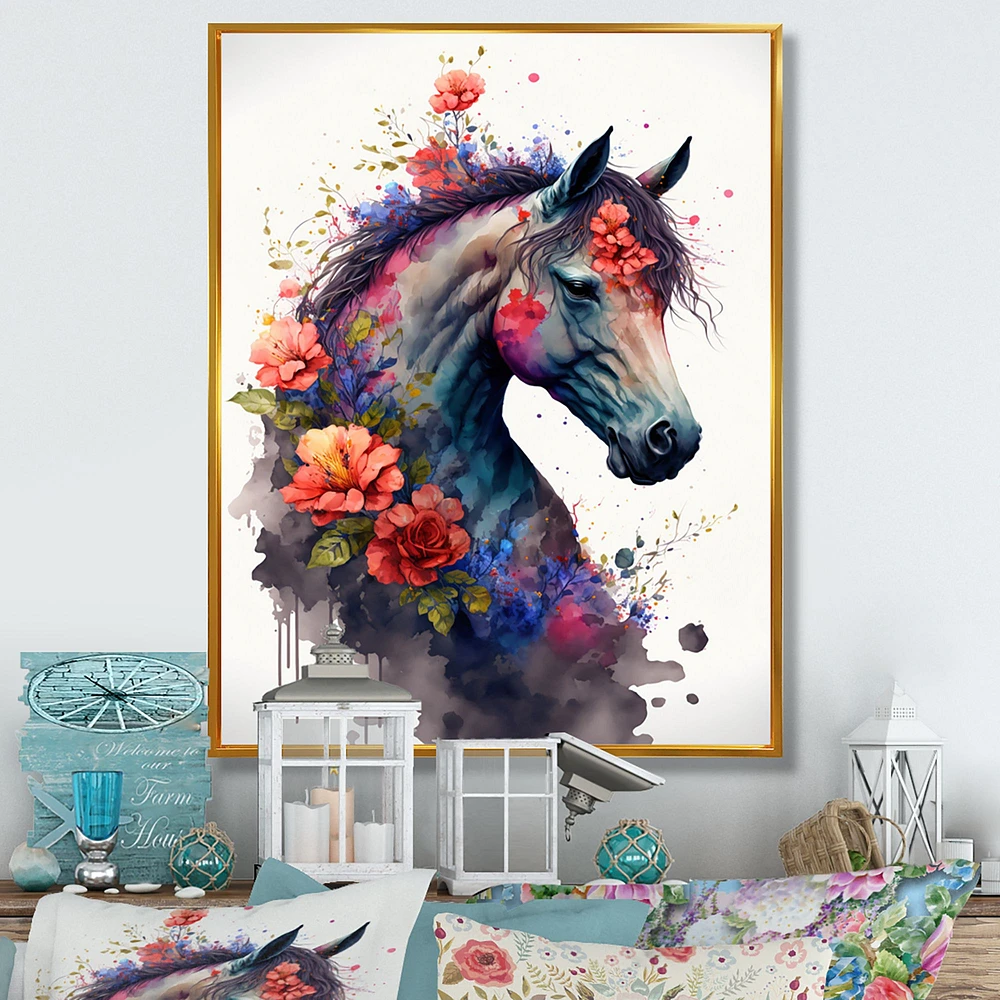 Cute Horse Floral Art I Wall