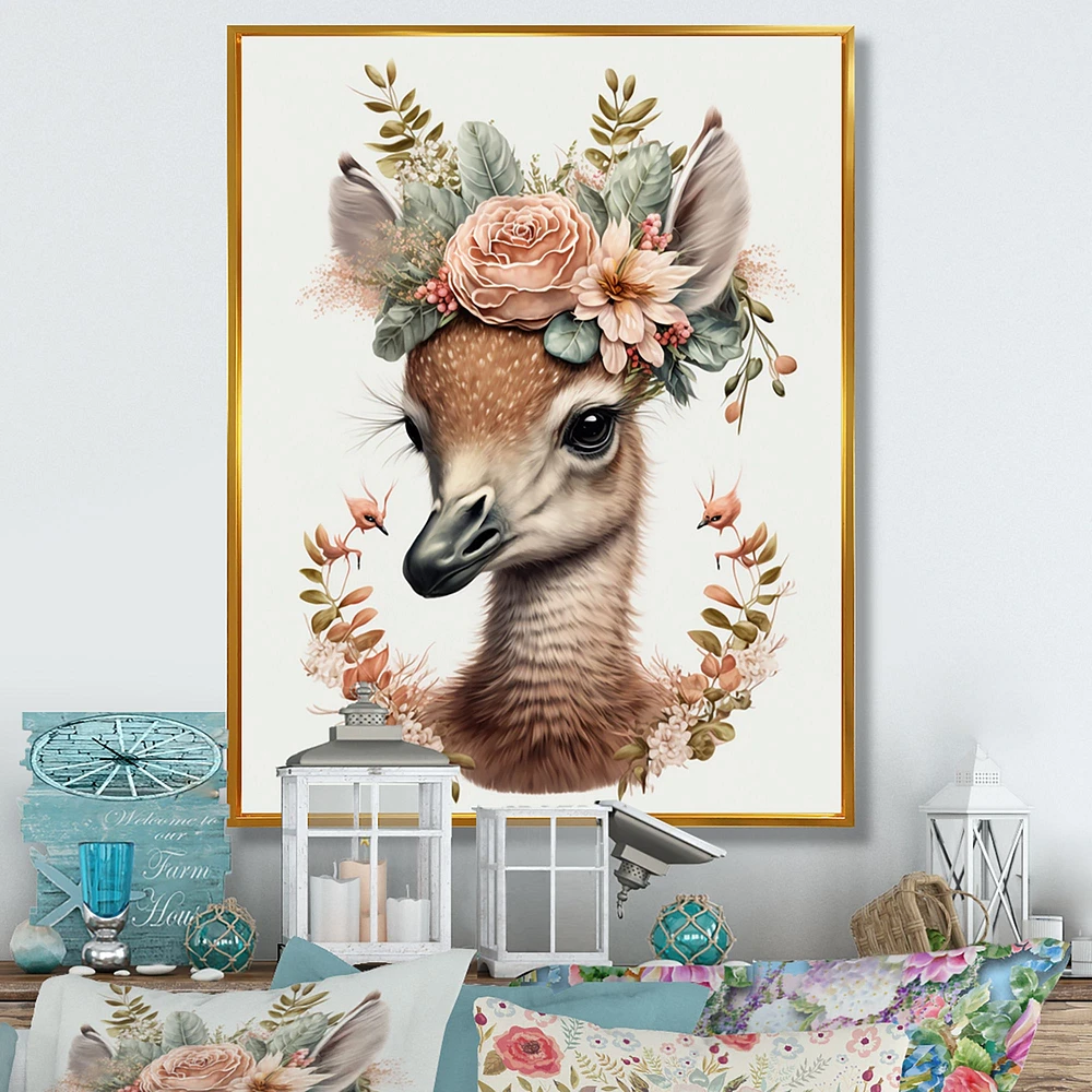 Cute Baby Flamingo With Floral Crown Wall Art