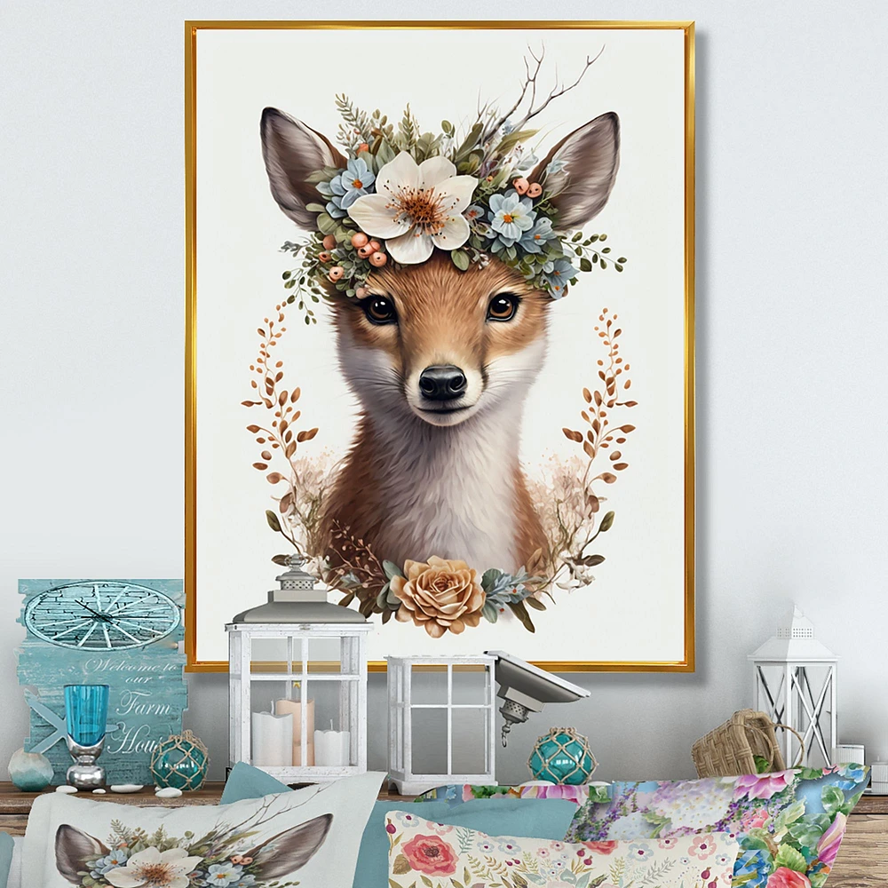 Cute Baby Fox With Floral Crown Wall Art