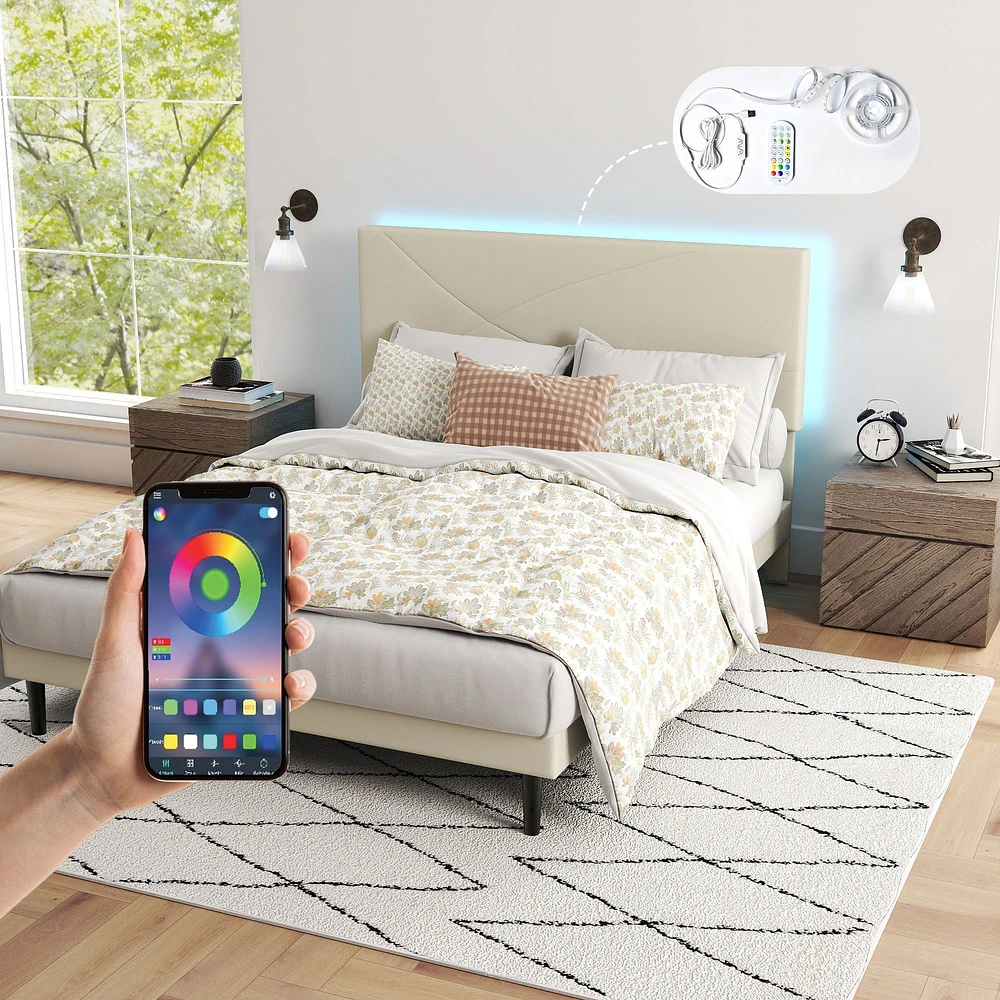 Upholstered Beige Foothill Queen Bed Frame with USB Ports and LED Lights