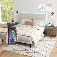 Upholstered Beige Foothill Queen Bed Frame with USB Ports and LED Lights