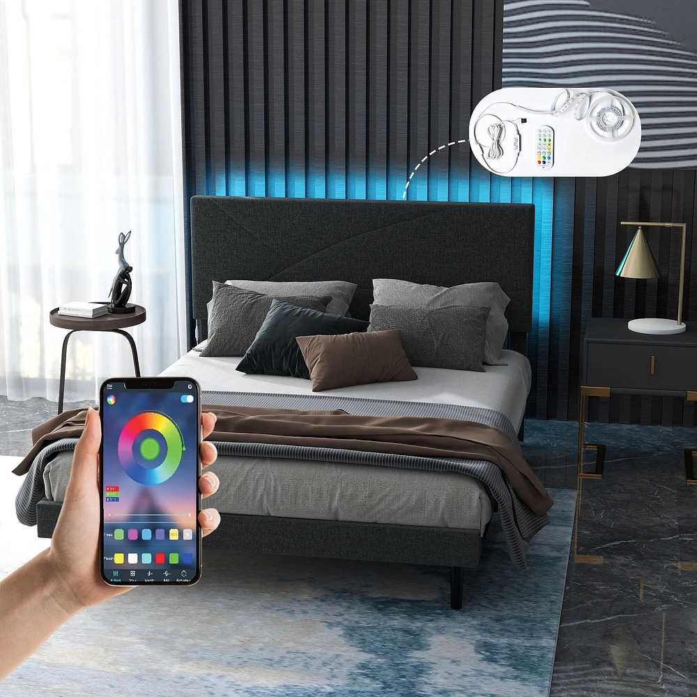 Cadre de lit grand rembourré Foothill gris avec ports USB et lumières LED