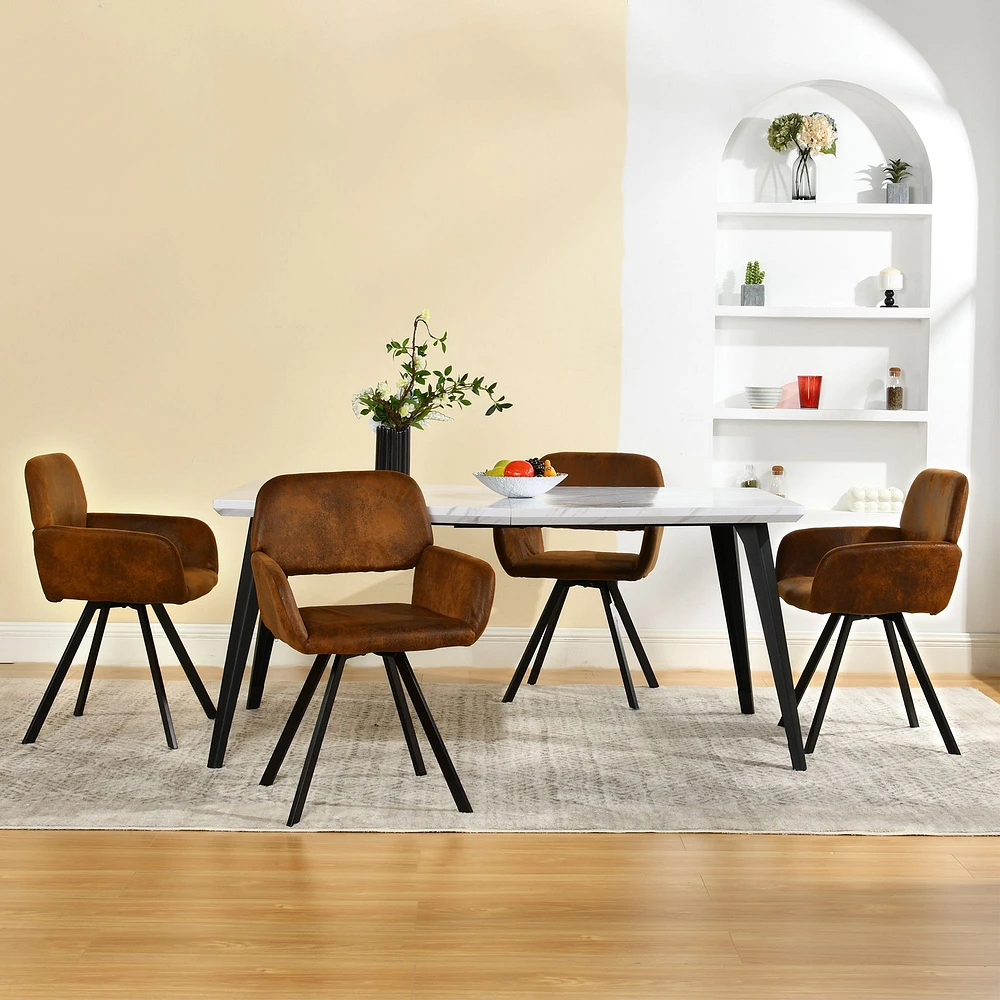 Marble Dining Set with Brown Swivel Chairs, Set of 5