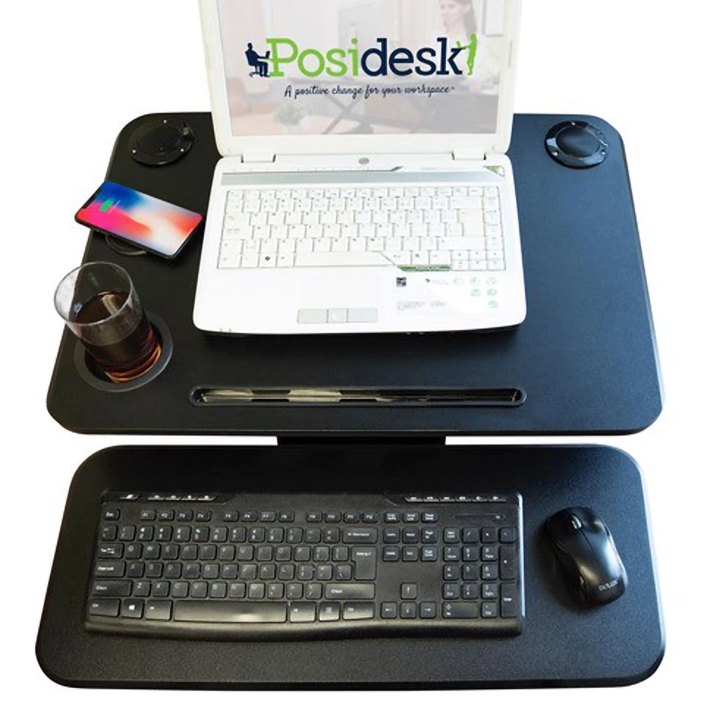  Sit-Stand Pedestal Desk with Cup Holder, Bluetooth Speakers & Wireless Charger