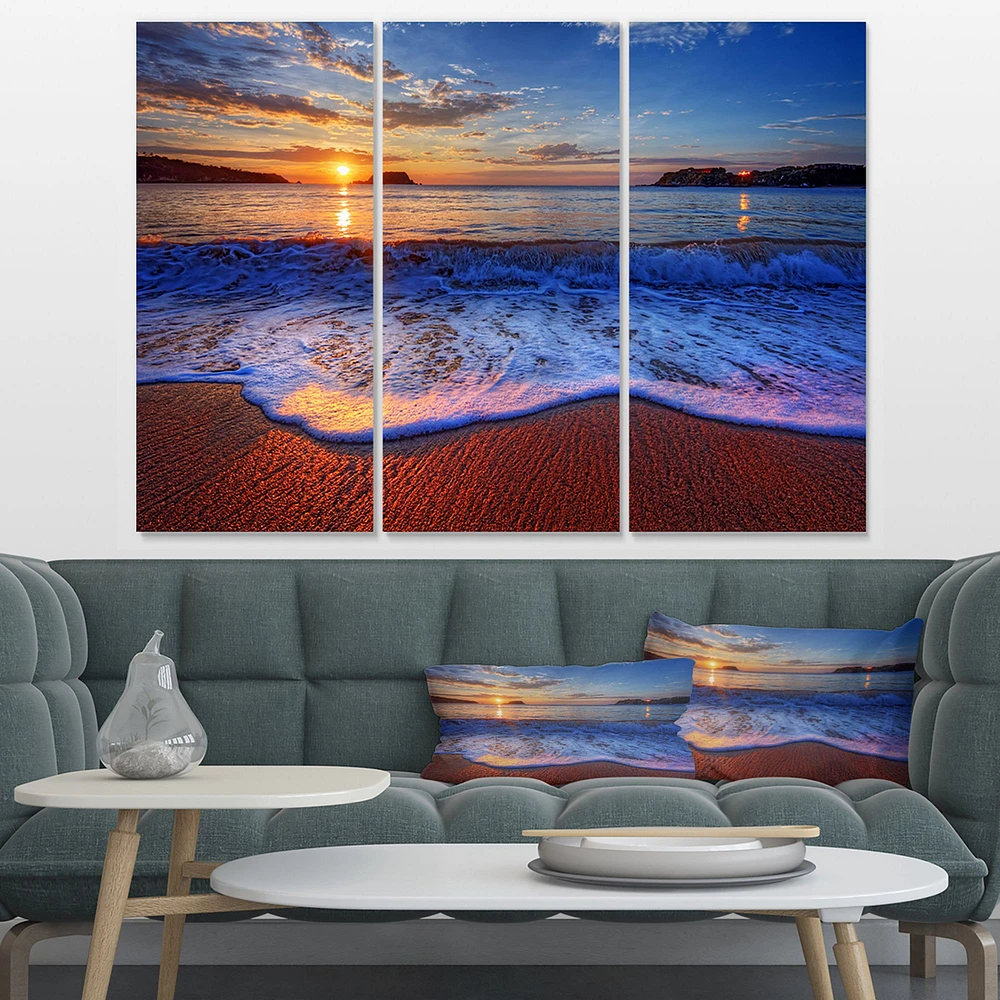 Blue Waves on Sandy Beach Canvas Wall Art - 3 Panels