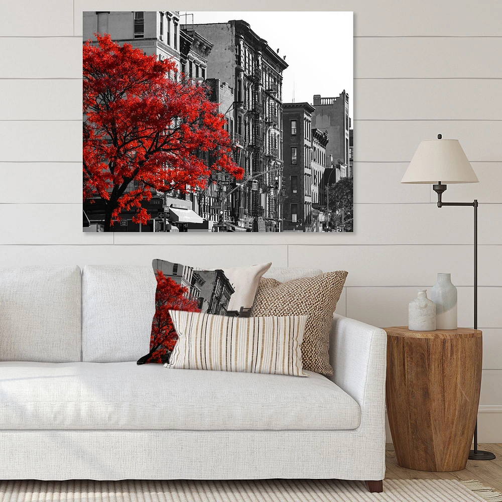 Red Tree on Black and White New York City Street  Canvas