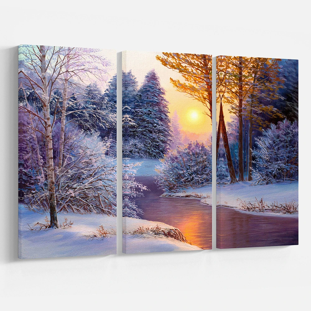 Winter Forest in River Canvas Wall Art - 3 Panels