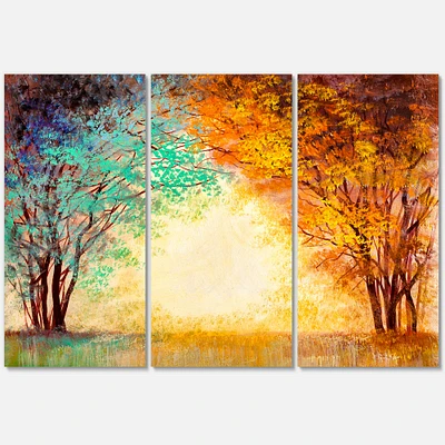 Alley Through The Park in Autumn Sunset Canvas Wall Art - 3 Panels
