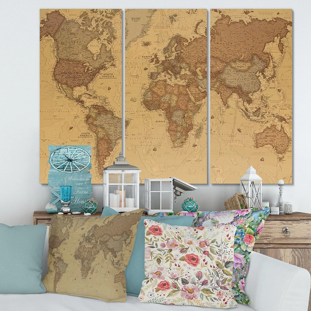 Ancient Map of The World III Canvas Wall Art - 3 Panels