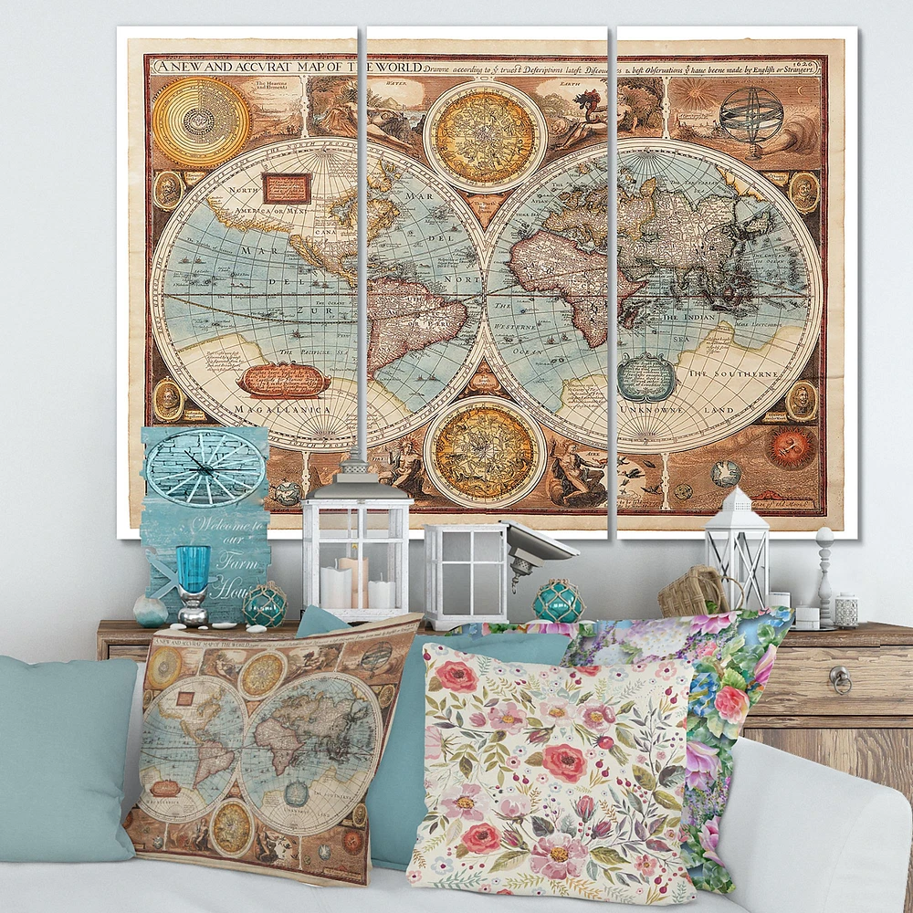 Ancient Map of The World VIII Canvas Wall Art - 3 Panels