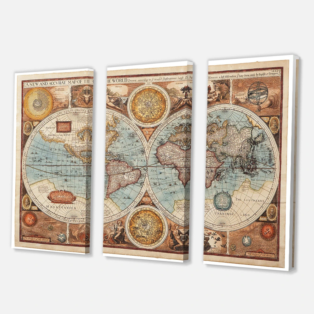 Ancient Map of The World VIII Canvas Wall Art - 3 Panels