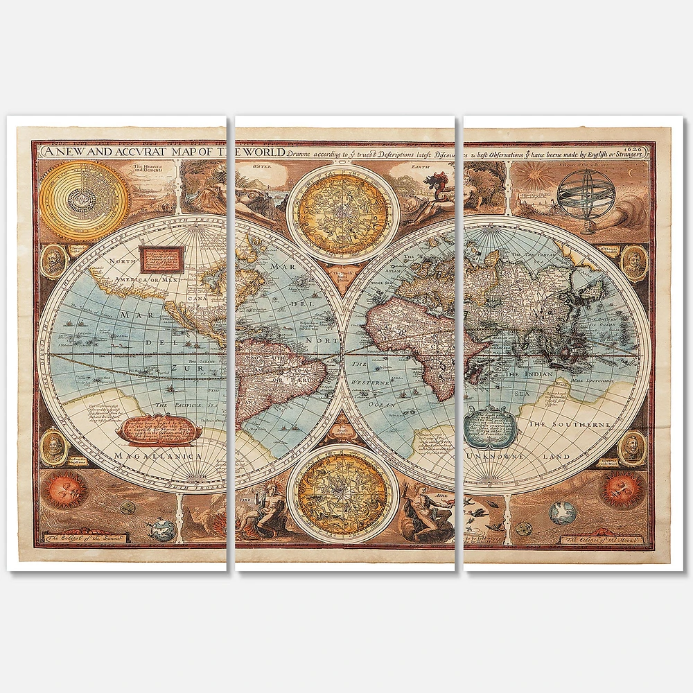 Ancient Map of The World VIII Canvas Wall Art - 3 Panels