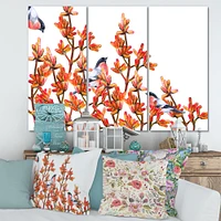 Flock of Bullfinches Birds on Orange Branches Canvas Wall Art - 3 Panels