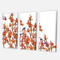 Flock of Bullfinches Birds on Orange Branches Canvas Wall Art - 3 Panels