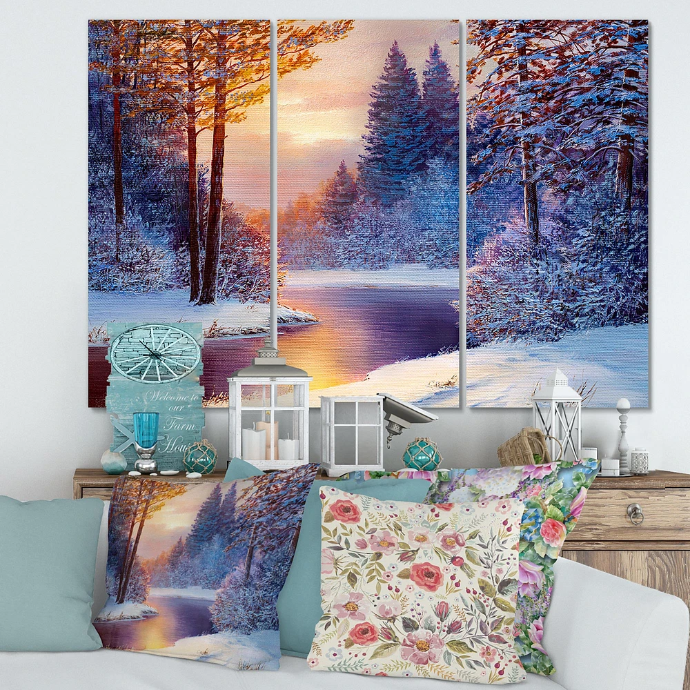 Winding River with Dark Blue Silhouettes of Trees  Canvas Wall Art
