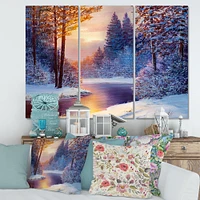 Winding River with Dark Blue Silhouettes of Trees  Canvas Wall Art