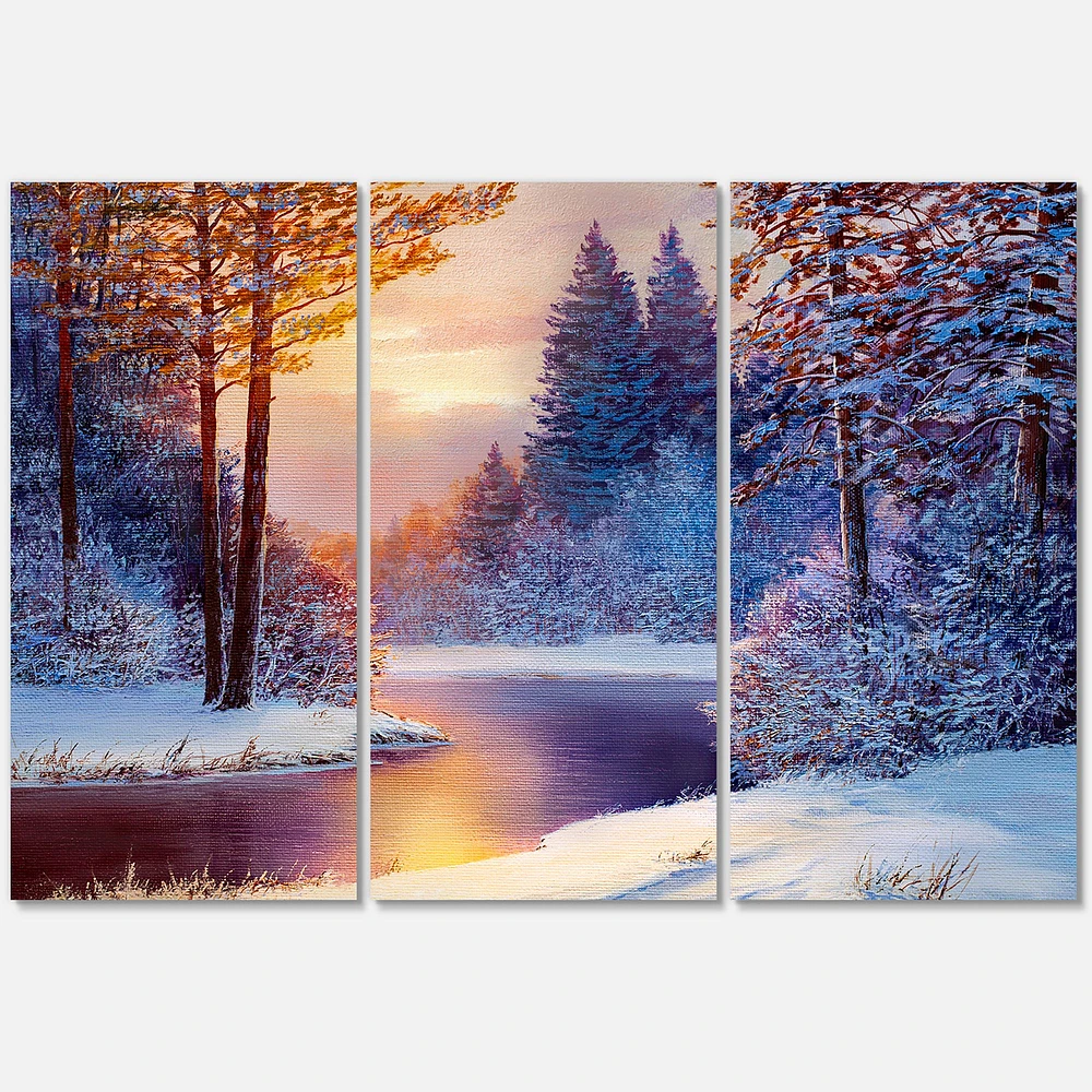 Winding River with Dark Blue Silhouettes of Trees Canvas Wall Art