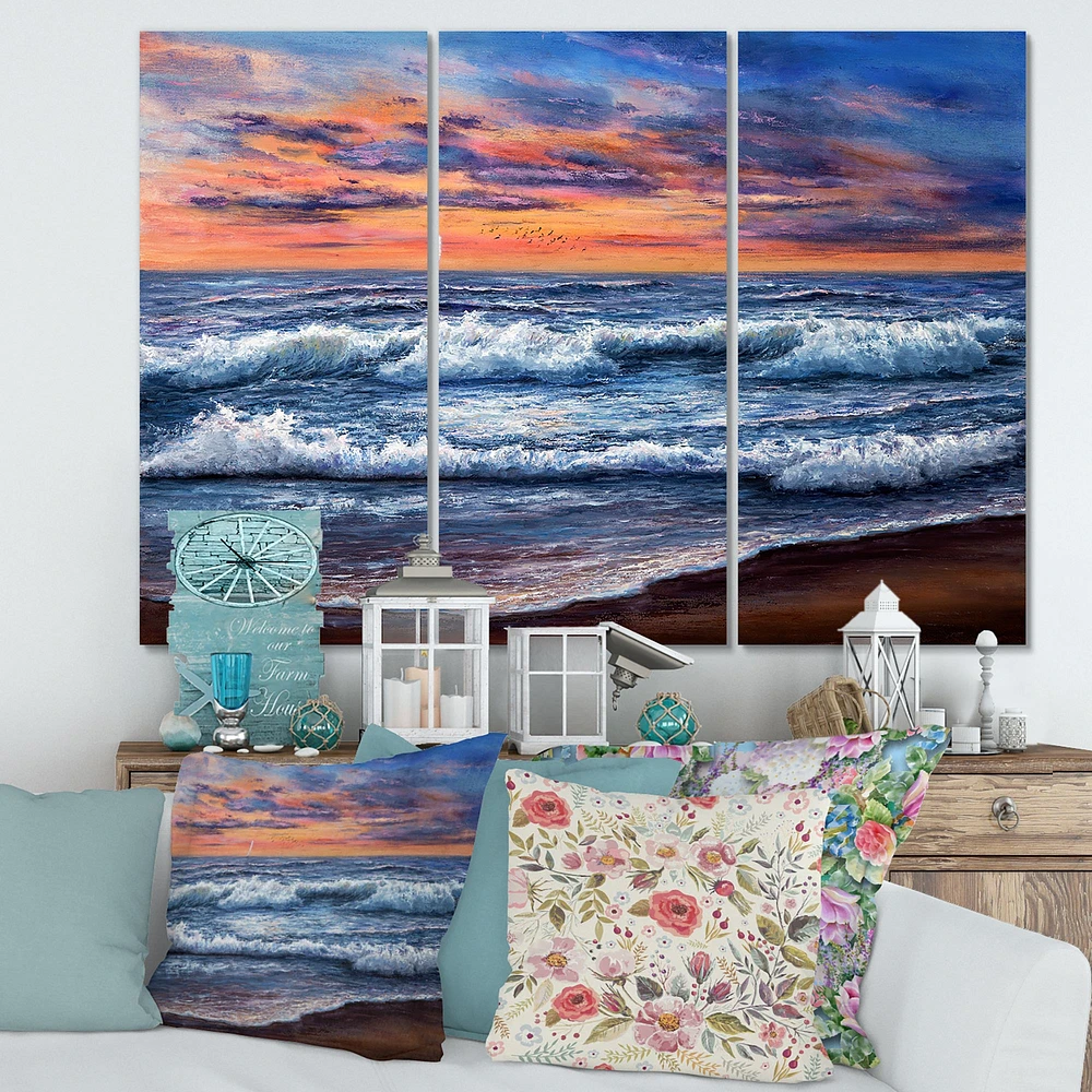 Sunset Over The Blue Ocean II Canvas Wall Art - 3 Panneaux