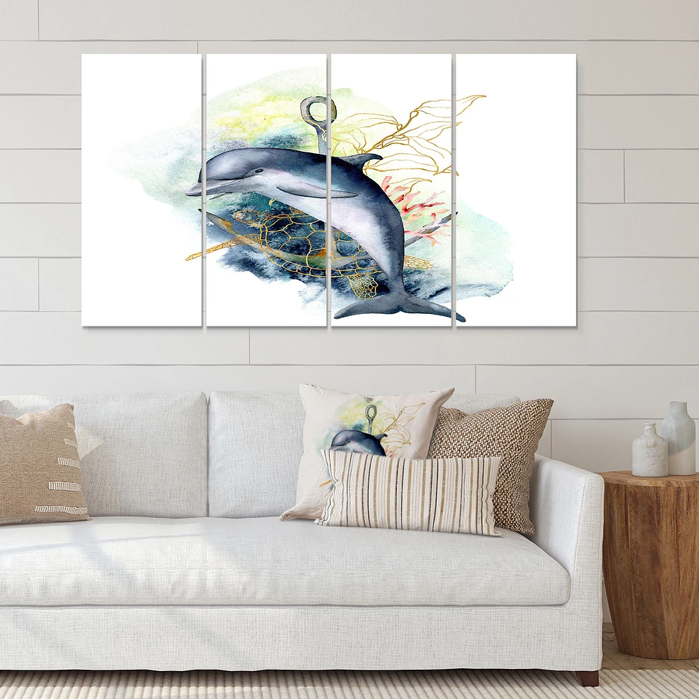 Toile imprimée « Dolphin Turtle Anchor & Linear Coral Reef Plants » rectangulaire