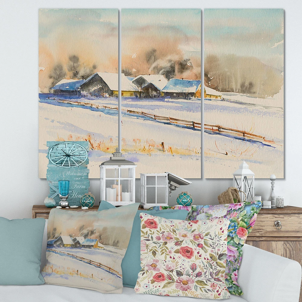 Small VIllage At Sunset Covered with Snow  Canvas Wall Art Print