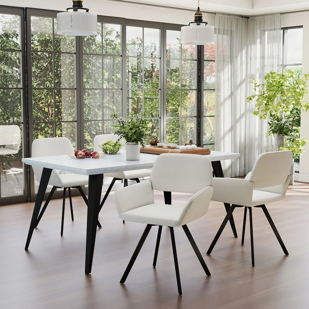 Marble Dining Set with Beige Swivel Chairs, Set of 5