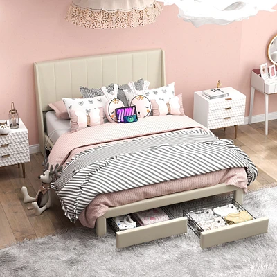Upholstered Beige Summit Queen Bed Frame with Storage Drawers and USB Ports