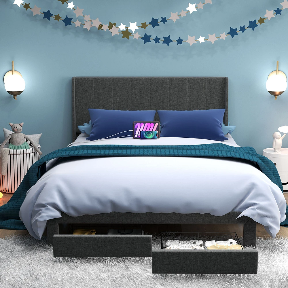 Upholstered Grey Summit Queen Bed Frame with Storage Drawers and USB Ports