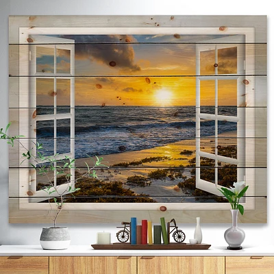 Open Window to Bright Yellow Sunset Wood Wall Art