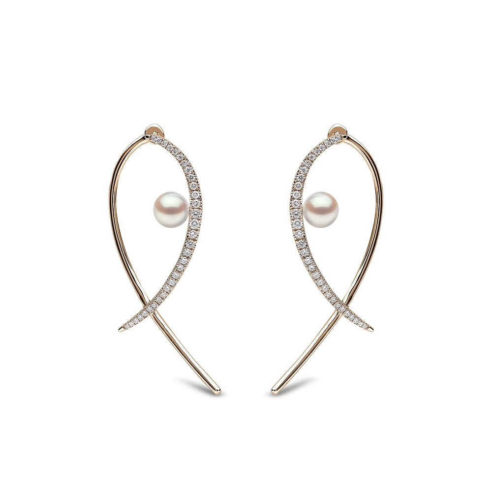 Sleek Yellow Gold Pearl and Diamond Earrings