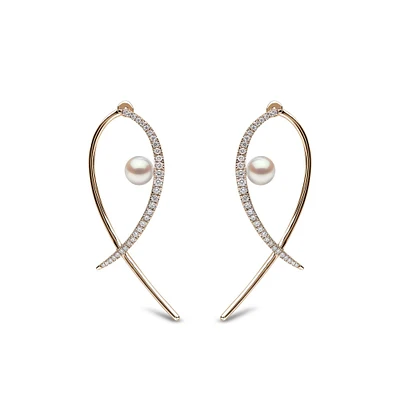 Sleek Yellow Gold Pearl and Diamond Earrings