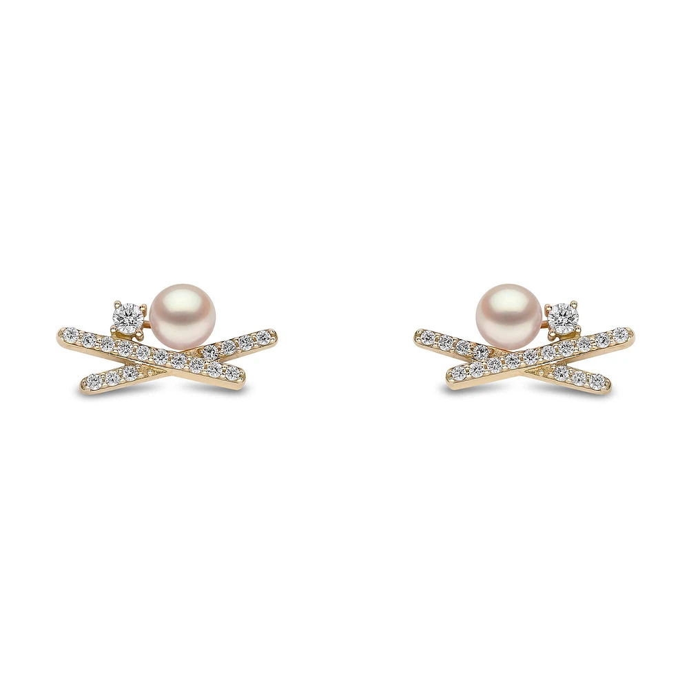 Sleek Yellow Gold Pearl and Diamond Earrings