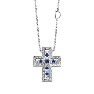 Belle Époque White Gold, Blue Sapphire and Diamond Pavé Cross Pendant