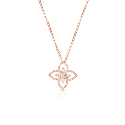 Princess Flower Filigree Small Rose Gold and Diamond Pendant Necklace