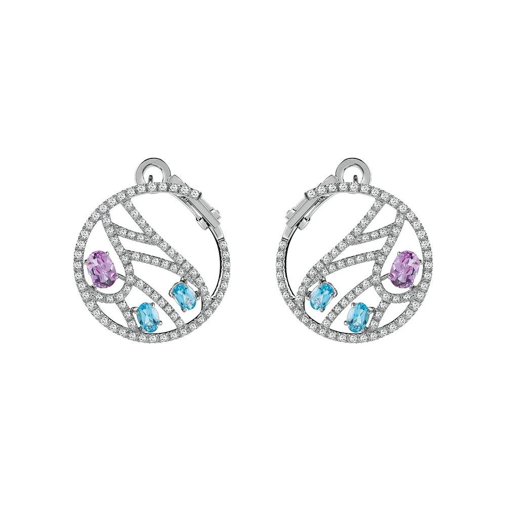 Battito D'Ali White Gold Blue Topaze. Amethyst and Diamond Earrings