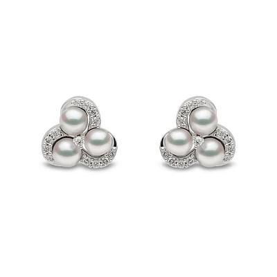 Sleek White Gold Pearl and Diamond Stud Earrings
