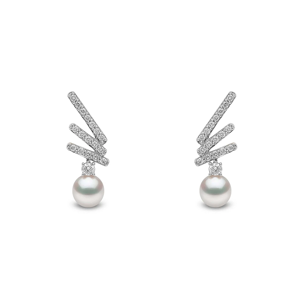 Sleek White Gold Pearl and Diamond Earrings