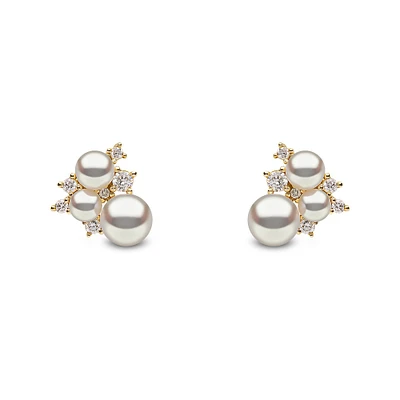 Trend Yellow Gold Pearl and Diamond Stud Earrings