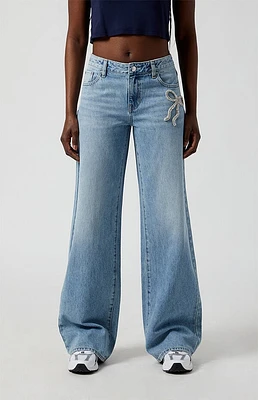 Pacsun Casey Low Rise Baggy Jeans Rhinestone Bow Light Indigo